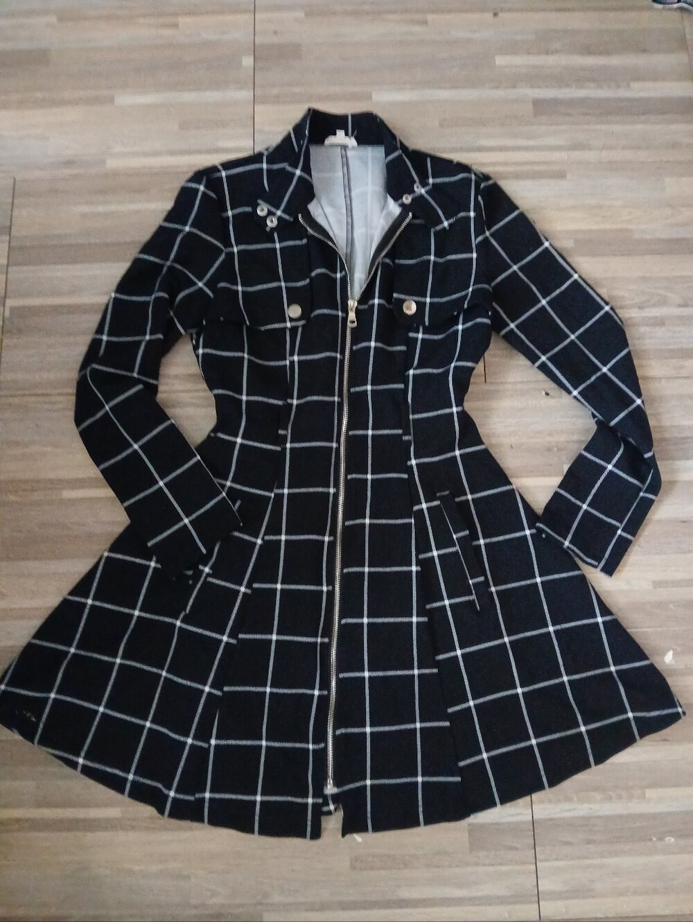 Women's Black Windowpane Zip-Front Coat